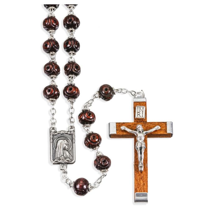 Maroon Carved Wood Bead Rosary