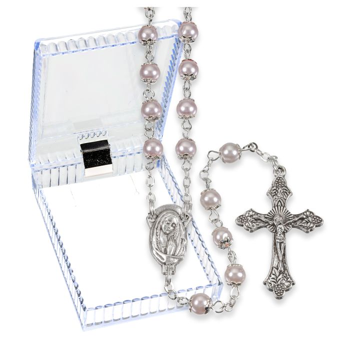 5mm Pink Capped Imitation Pearl Glass Bead Rosary