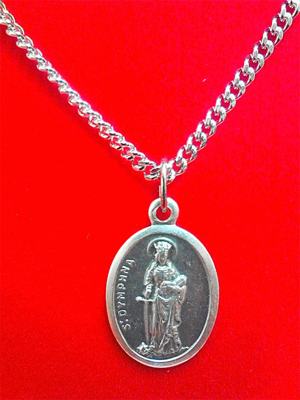 St. Dymphna Silvertone Oxidized Medal - 24" Chain