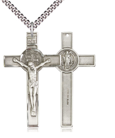 Sterling Silver St Benedict Crucifix Pendant on a 24" Light Rhodium Heavy Curb Chain.