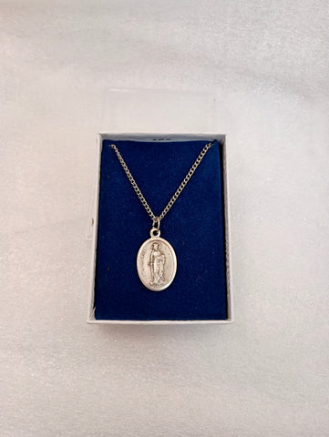 St. Dymphna Silvertone Oxidized Medal - 18" Chain
