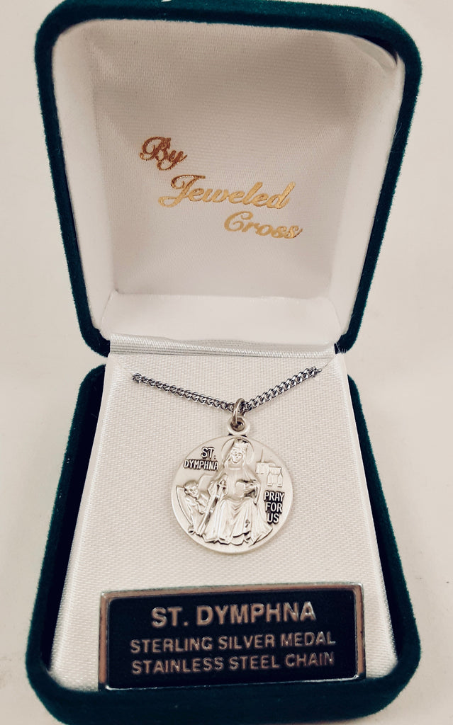 Sterling Silver Round St Dymphna medal with 18" Stainless Steel Chain