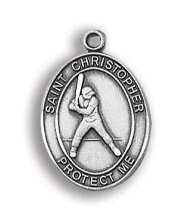 Sterling St. Christopher Baseball Men's Sports Medal With 24" Stainless Chain