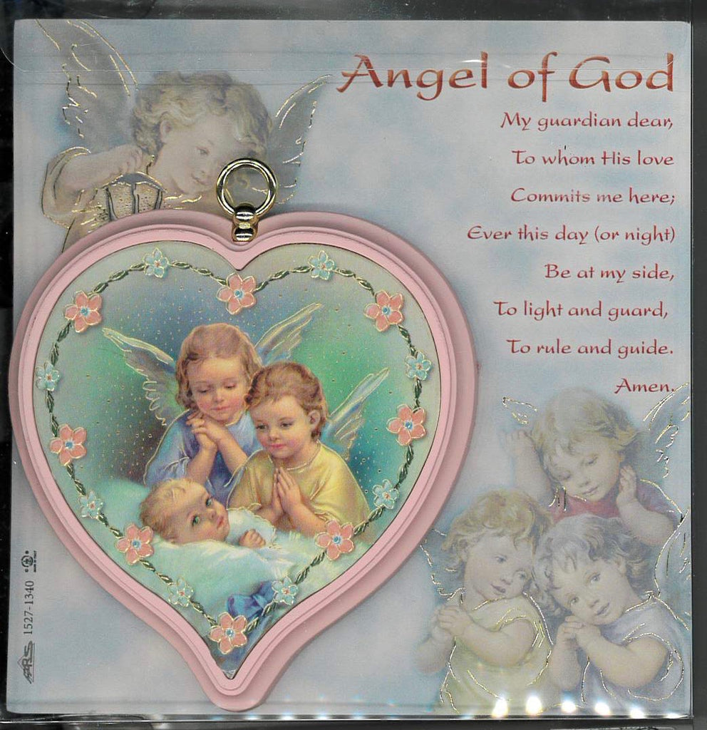 Pink Wooden Heart Shaped Guardian Angel Crib Medal
