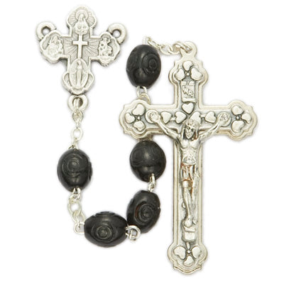 Oval Carved Wood Black Rosary